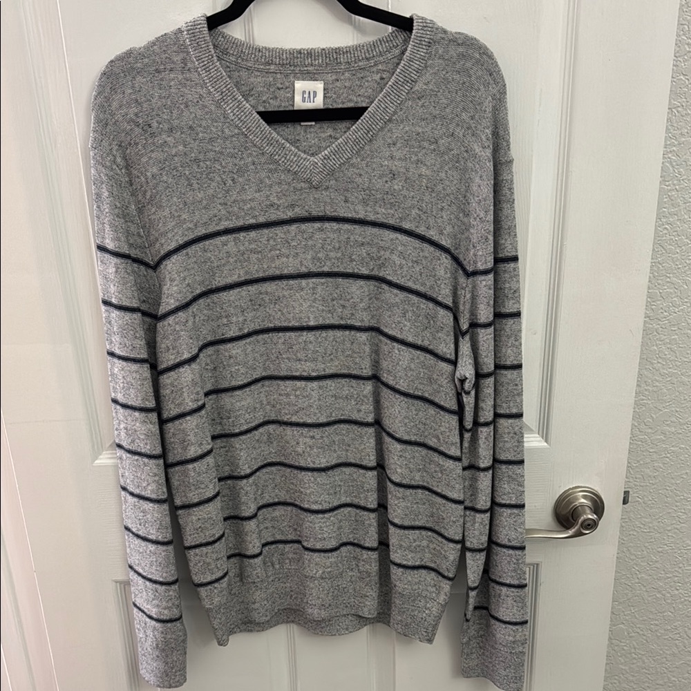 Gap Heather Gray V-neck Sweater with Navy Stripes